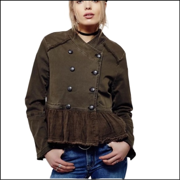 FREE PEOPLE OLIVE RUFFLE-TRIM PEPLUM MILITARY JACKET Sz S - Picture 10 of 12